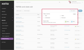 The FAFSA and state aid report. The Data options dropdown is open and highlighted. In the dropdown, there are options to remove table columns and to export the data to an Excel or CSV file